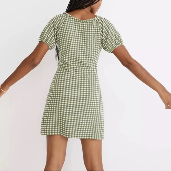 Madewell / Women's Puff Sleeve / Green White Knit Gingham Mini Dress / Medium - Picture 3 of 11